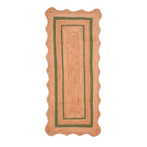 Hand Braided Scalloped Bohemian Natural Jute Runner Rug with Customize Color Border