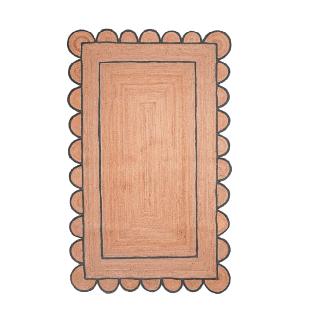 Hand Braided Ractangle Jute Rug Beige With Multicolor Border Rug Scalloped Pattarn